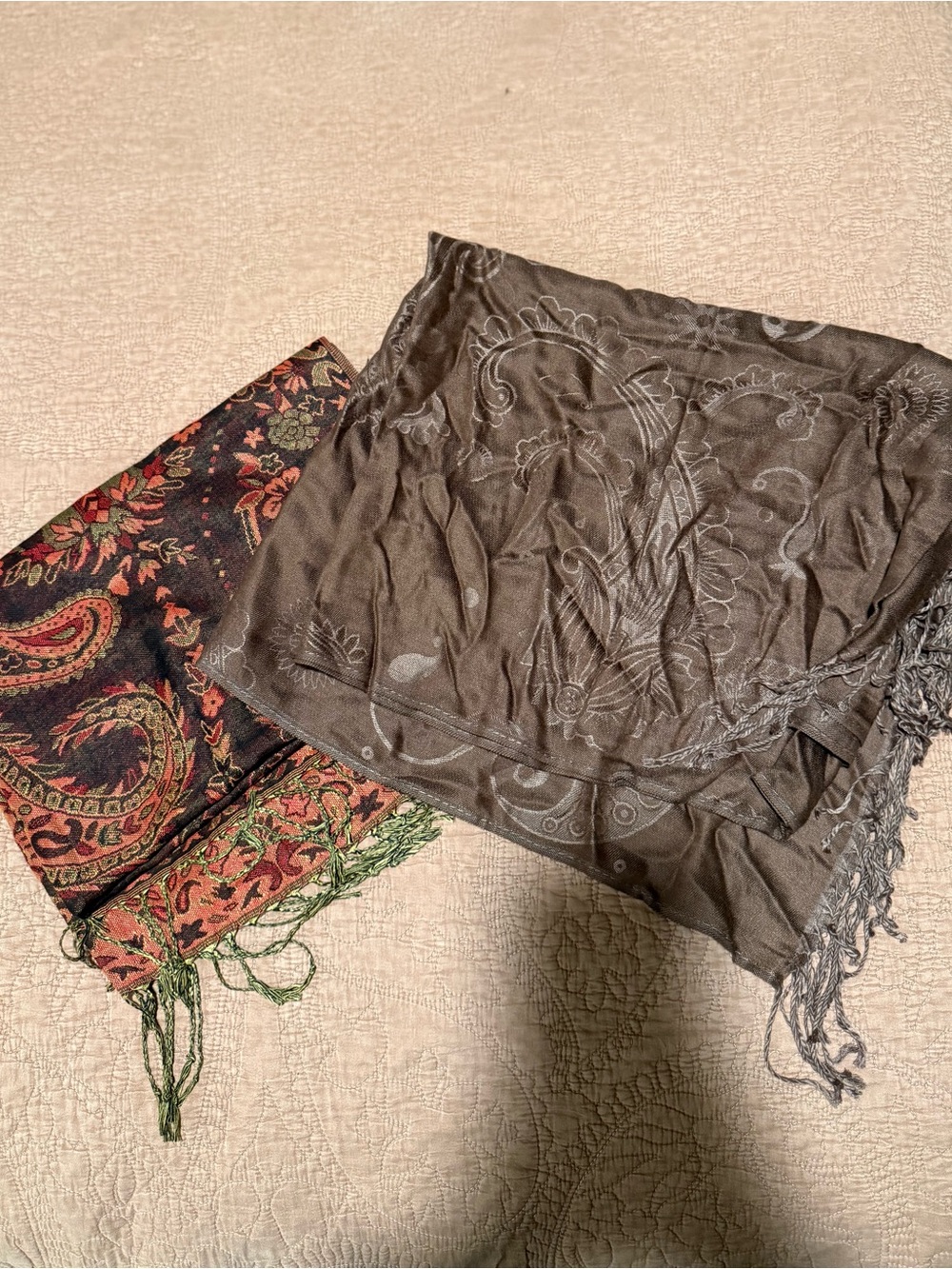 TWO Pashmina and Cashmere Paisley Scarves - Brown & Red